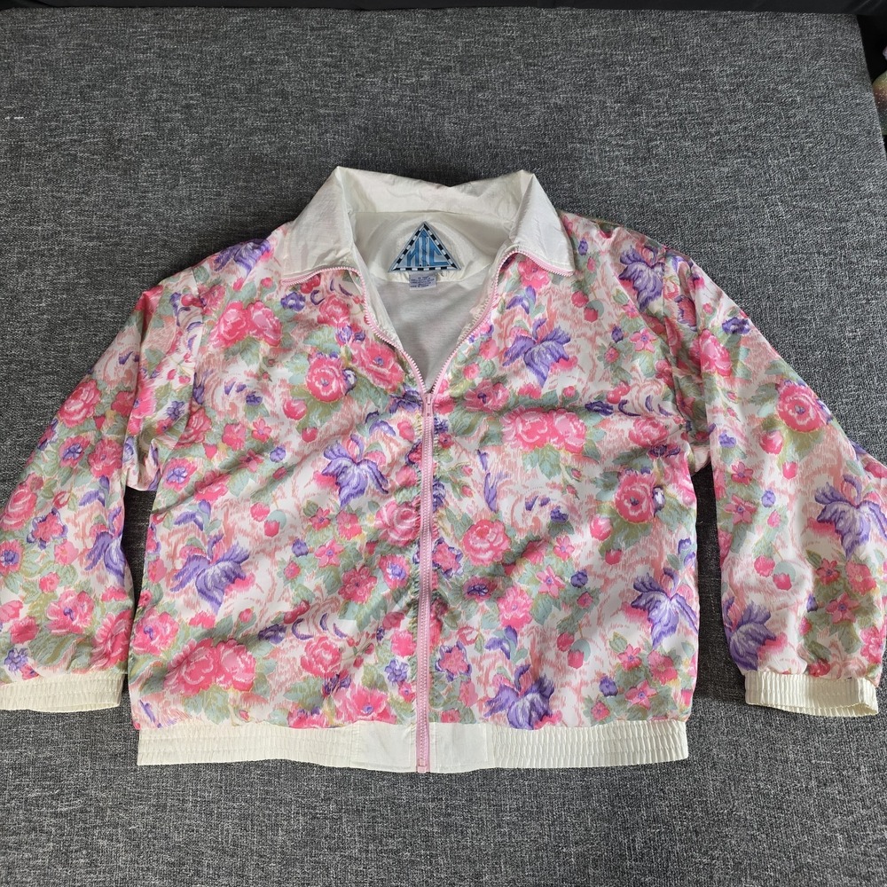 Vintage 80s 90s Floral Windbreaker Jacket Pink Purple Nylon Made in Taiwan